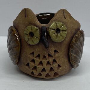 Art Pottery Owl Figurine Candle Holder Signed Handcrafted 3.25” Tall